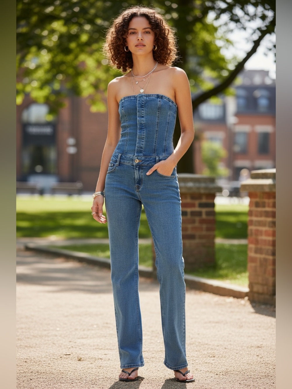 Mango Strapless Blue Denim Straight-Leg Jeans